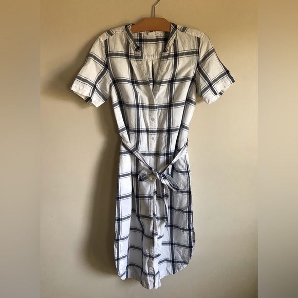 GAP Linen Cotton Midi Shirt Dress Button Down Waist Tie Plaid Size 4 - Picture 2 of 11